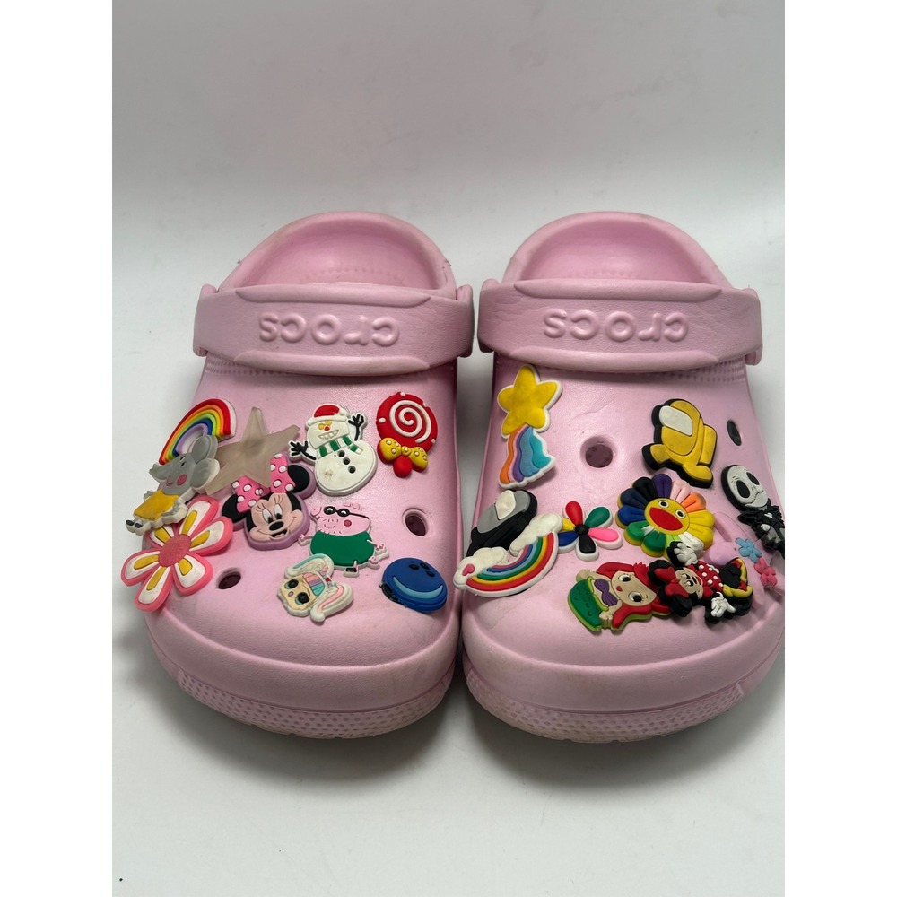 Crocs Classic Clogs Girls Size 1 Pink Jibbitz Charms Minnie Peppa Jack Among Us